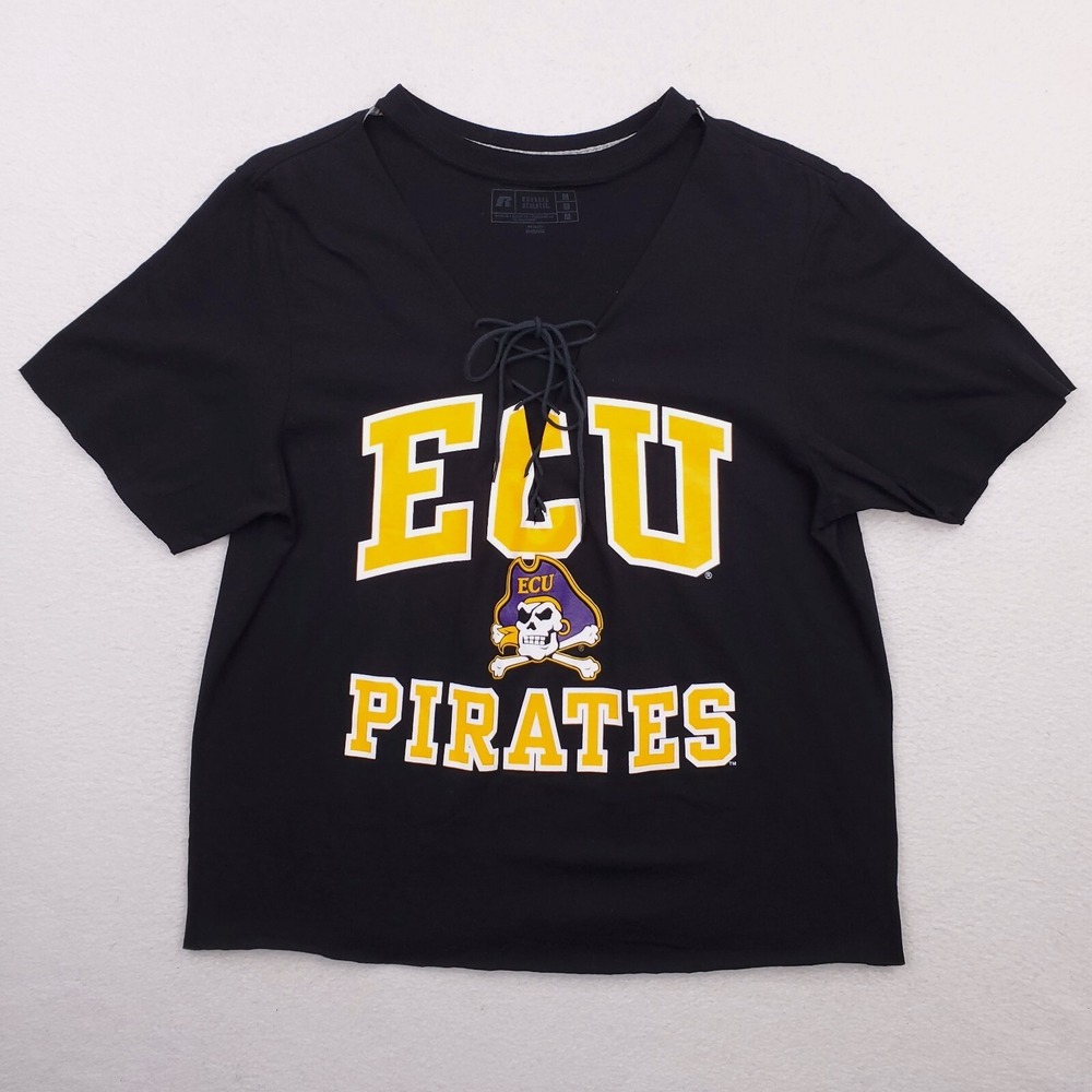 East Carolina Pirates Shirt Womens Medium Black Cropped Lace Up Front V Neck
